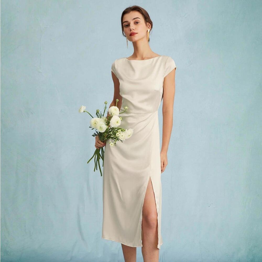 RIHOAS The Apricot Satin Cap Sleeve Sheath Slit Midi Dress M